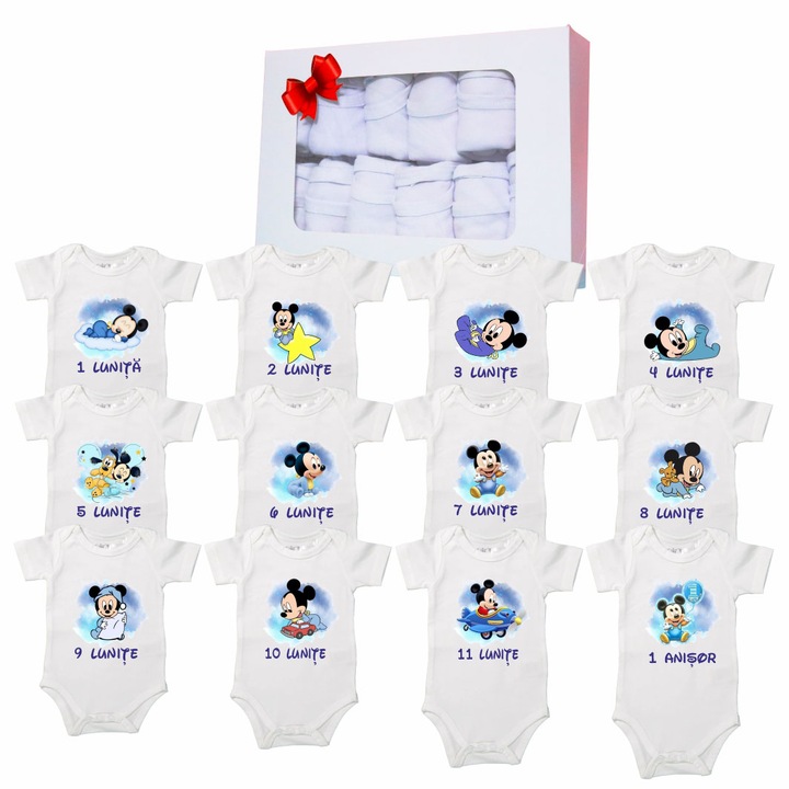 Set 12 body-uri cu lunile bebelusului, Mickey Mouse, Bumbac, Alb, BSA001