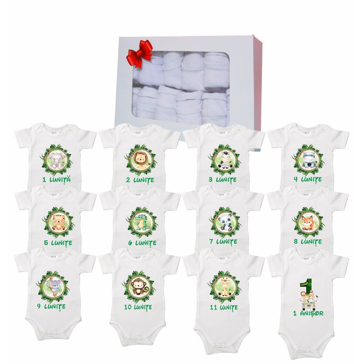 Set 12 body-uri cu lunile bebelusului, Safari, Bumbac, Alb, BSA004