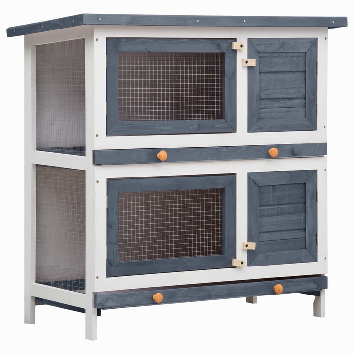 Cusca de iepuri pentru exterior vidaXL, 4 usi, gri, lemn, 11.7 kg