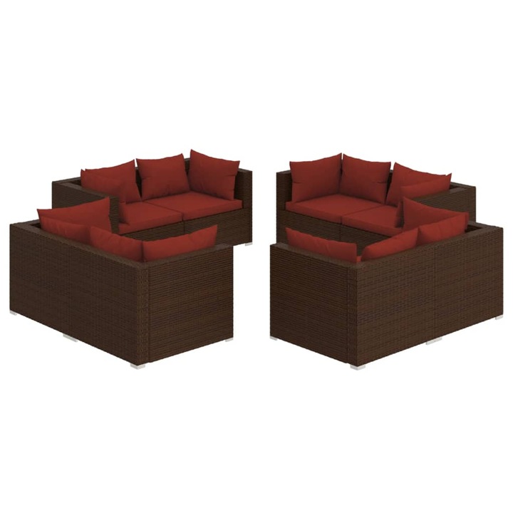 Set mobilier de gradina cu perne vidaXL, 8 piese, maro, poliratan, 42.96 kg