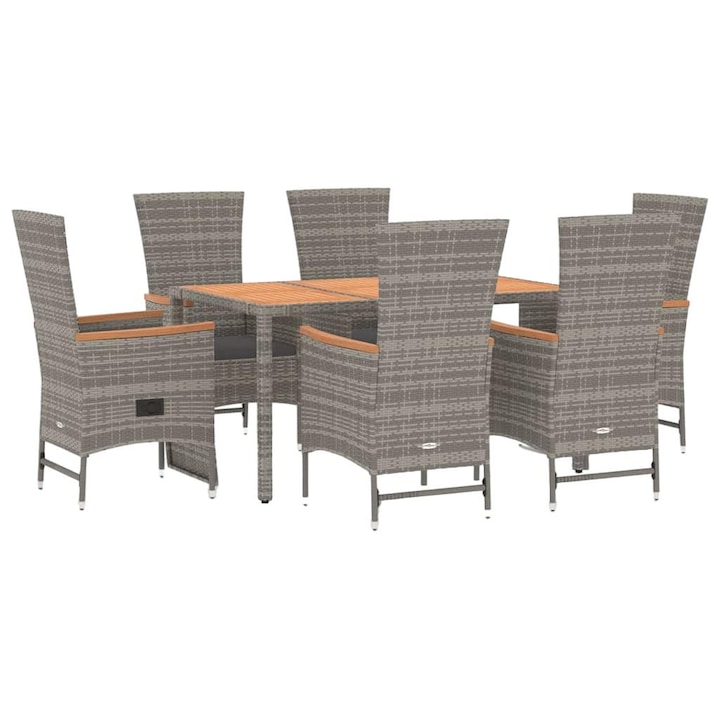 Set mobilier de gradina Zakito Europe, lemn/ratan PE/otel/poliester, 6 scaune cu spatar reglabil, masa 150x90x75cm, gri