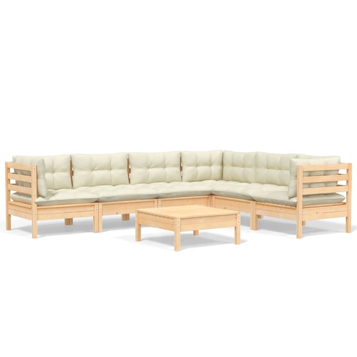 Set mobilier gradina Zakito Europe, lemn de pin, cu perne, crem, 63.5x63.5x62.5cm