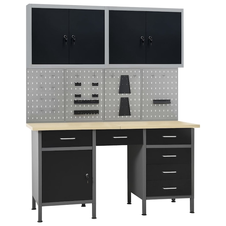 Zakito Europe комплект мебели за работилница, маса 160x60x85см, панели и шкафове, черно/сиво, 500 кг