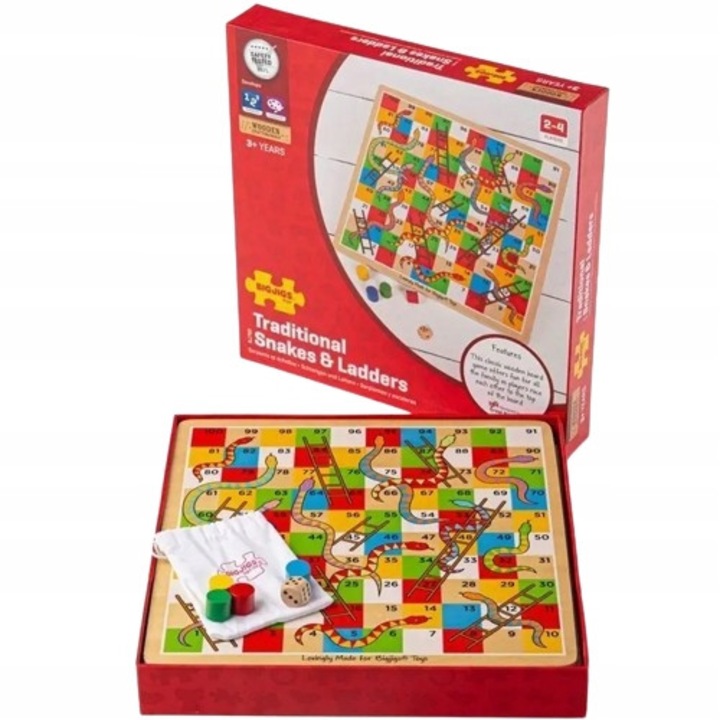 Társasjáték Kígyók és létrák, Bigjigs, Fa, 2-4 játékos, 3+, Többszínű