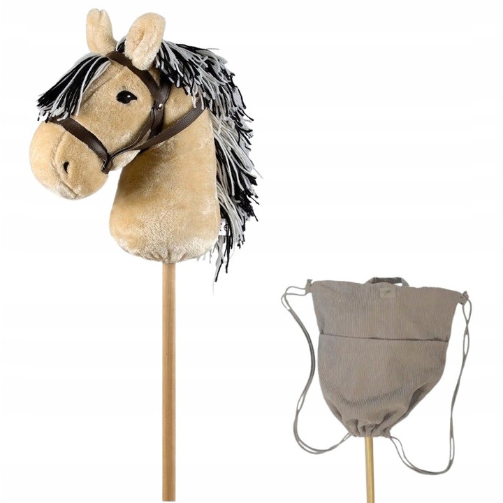 Cal de jucarie pe bat, Astrup, blond, set cu rucsac , 30x15x68cm