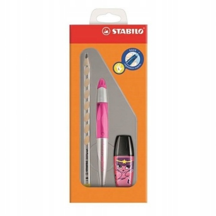 Ученически комплект за левичари, Stabilo, химикал със синьо мастило, триъгълен молив HB, маркер, многоцветен