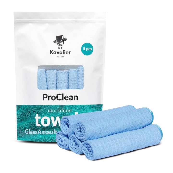 Set 5 prosoape pentru geam, Kavalier, 41x41cm, Albastru, poliester/poliamida