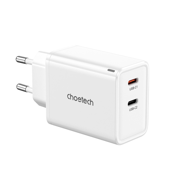 Incarcator retea, Choetech, plastic, 65 W, GaN, 2 x USB-C, alb