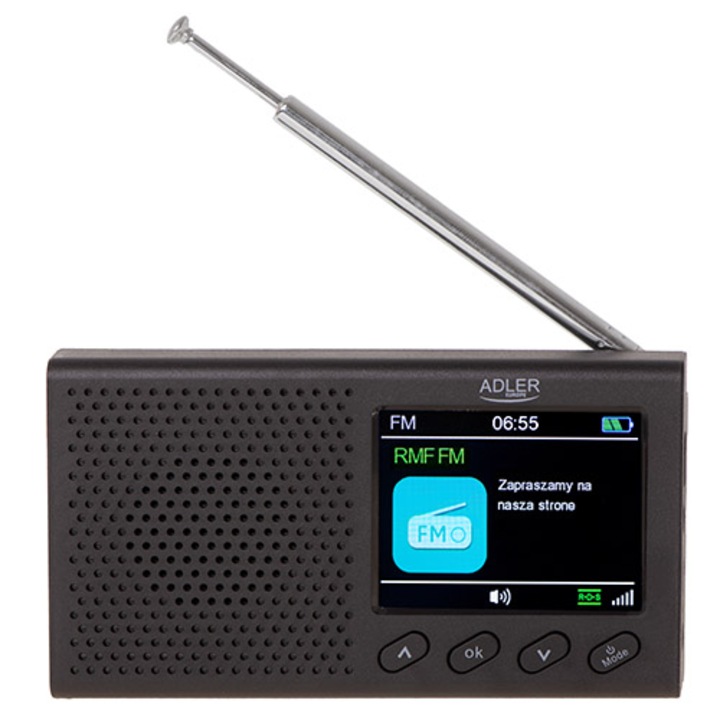 Портативно радио ADLER, FM, Bluetooth, 2,4 инча LCD екран, двойна аларма, Li-Ion батерия, черен