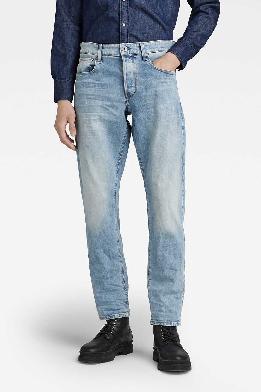 G-STAR, Blugi conici cu aspect decolorat 3301, Albastru prafuit, W34-L32