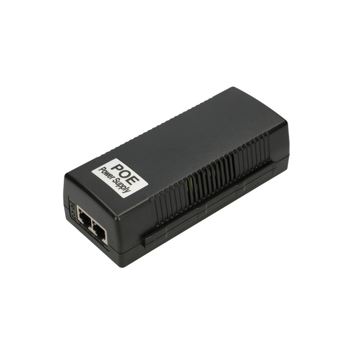 Alimentator PoE Extralink POE-48-48W, 48V, 1A, 48W, compatibil Gigabit 802.3af/at, furnizare stabila energie prin cablu de retea, protectie suprasarcina si scurtcircuit, instalare rapida, fiabil pentru echipamente telecom