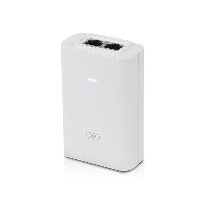 Adaptor PoE Ubiquiti POE‑24‑24W‑G‑WH, alimentator Power over Ethernet 24 V/1 A, suport Gigabit Ethernet, protectie supratensiune, pentru puncte de acces si echipamente retea