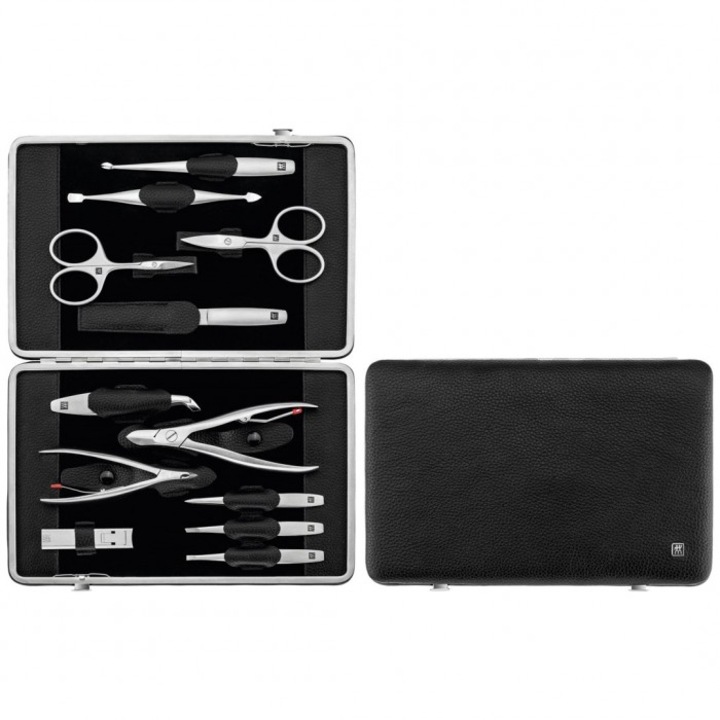 Trusa manichiura si pedichiura, Zwilling, Inox, 12 piese, etui piele, negru/argintiu