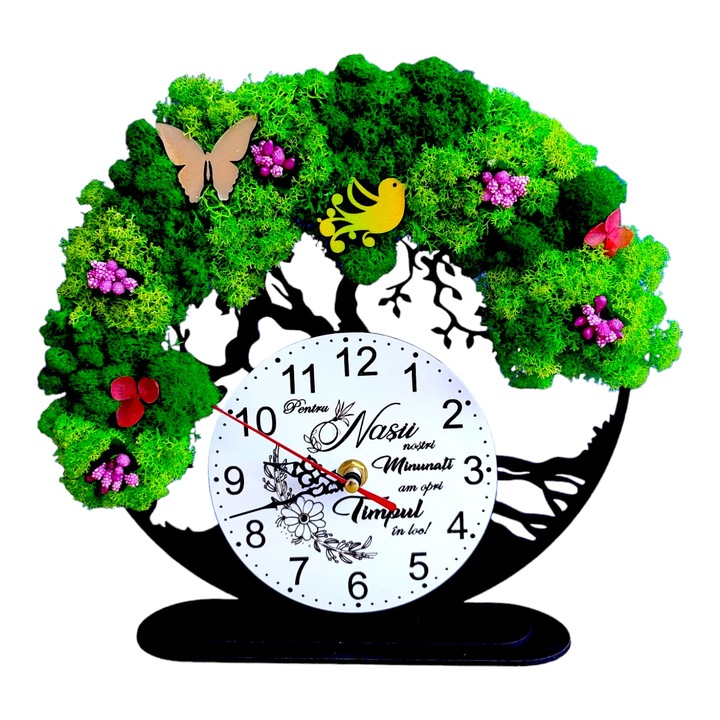 Ceas decorativ copacul vietii, personalizat cu mesaj standard pentru nasi, "Pentru nasii nostri minunati...", decorat cu licheni stabilizati si flori decorative naturale, model 1, negru, 25cm
