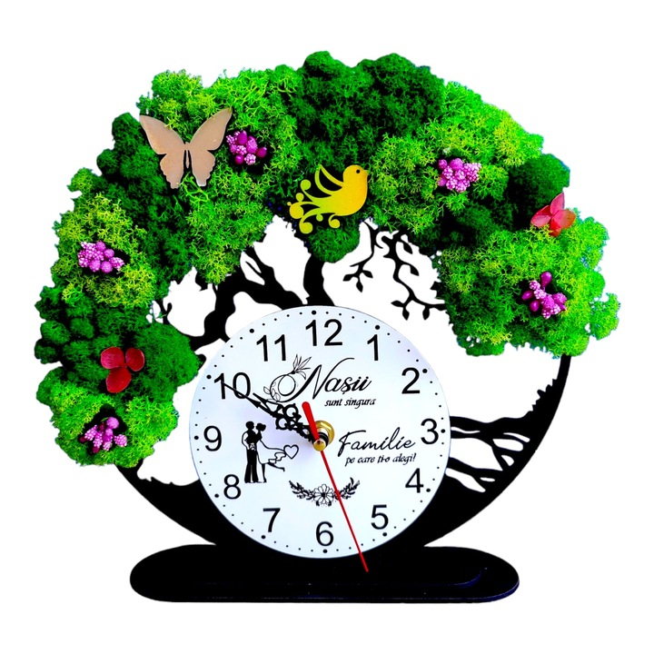 Ceas decorativ copacul vietii, personalizat cu mesaj standard pentru nasi, "Nasii sunt singura familie pe care ti-o alegi", decorat cu licheni stabilizati si flori decorative naturale, model 1, negru, 25cm