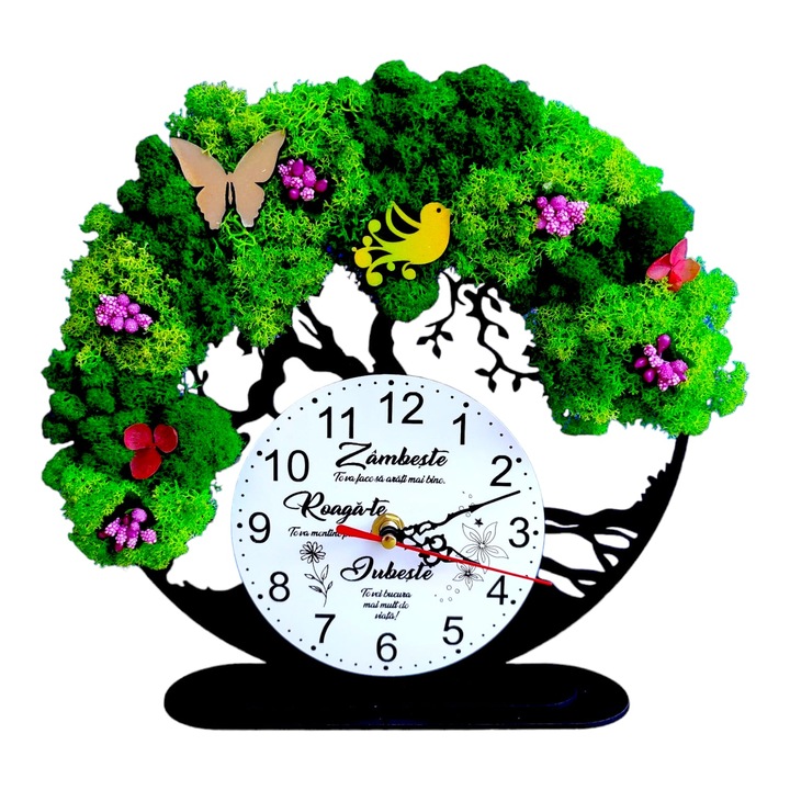 Ceas decorativ copacul vietii, personalizat cu mesaj standard pentru familie, nasi, fini, prieteni "Zambeste, Traieste, Iubeste", decorat cu licheni stabilizati si flori decorative naturale, model 2, negru, 25cm