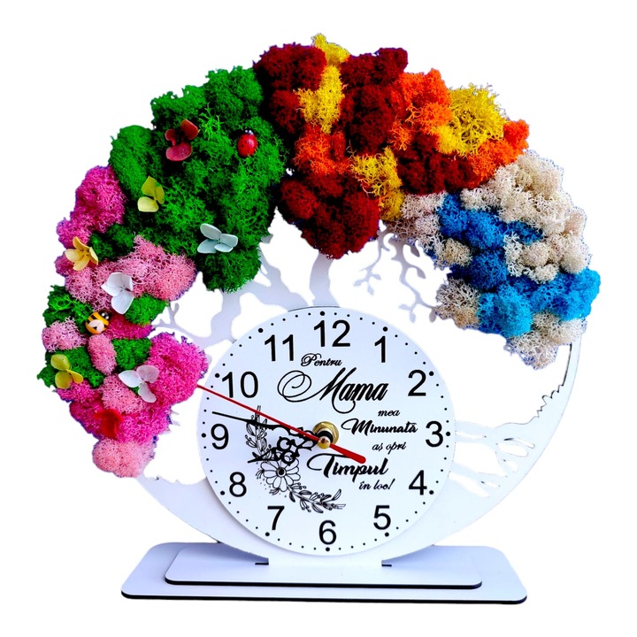 Ceas decorativ copacul vietii, personalizat cu mesaj standard pentru mama "Pentru mama mea minunata...", decorat cu licheni stabilizati si flori decorative naturale, model 1, alb, 25cm