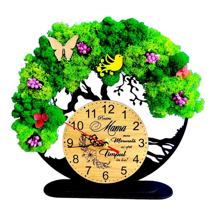 Ceas decorativ copacul vietii, personalizat cu mesaj standard pentru mama "Pentru mama mea minunata...", decorat cu licheni stabilizati si flori decorative naturale, model 2, negru, 25cm