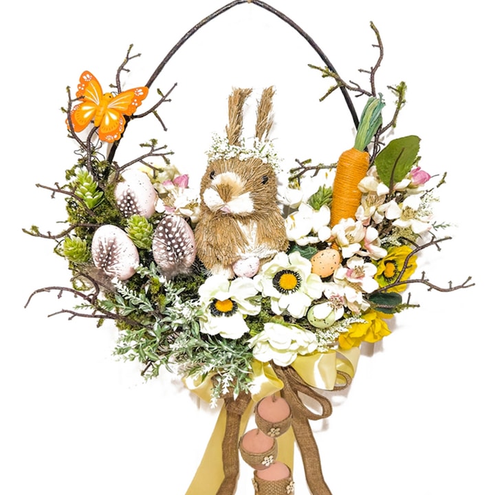 Coronita de Paste 70x45x20 cm, pentru usa sau perete, cu iepuras, muschi si crengute artificiale, aspect natural, decorata cu oua, flori, fluturi, verdeata, funda, Medaya®, culori vii