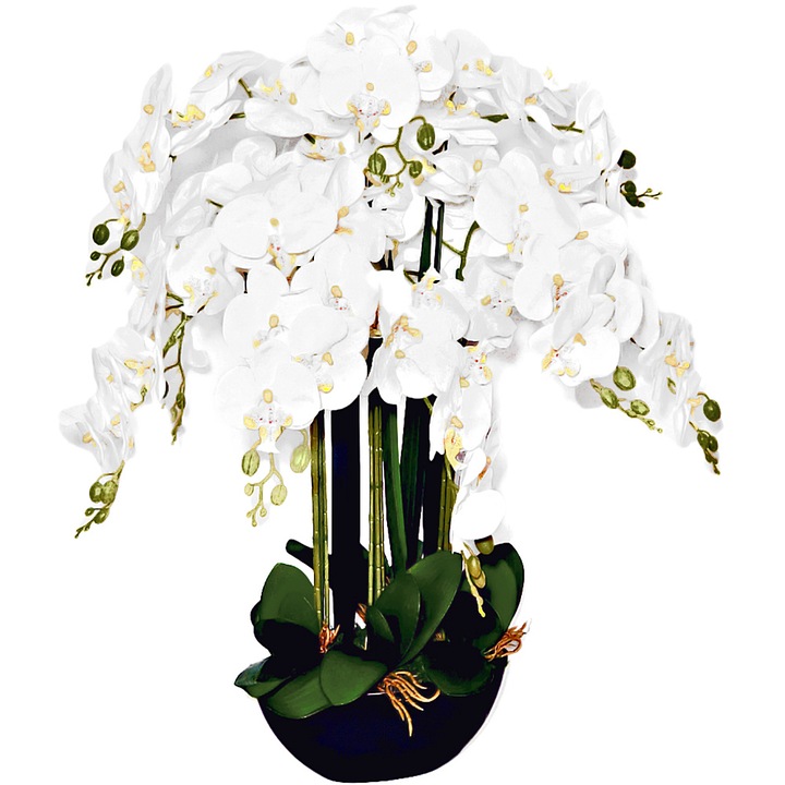 Orhidee artificiala Phalaenopsis in ghiveci negru, H 85cm, aspect natural, elegant, silicon fin si moale, 108 cupe mari, Medaya®, alba