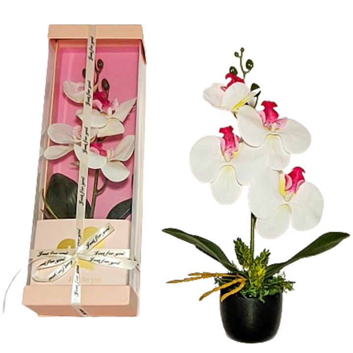 Cutie cadou MEDAYA® cu orhidee artificiala alba in ghiveci ceramic negru, aspect natural, elegant, h 32cm