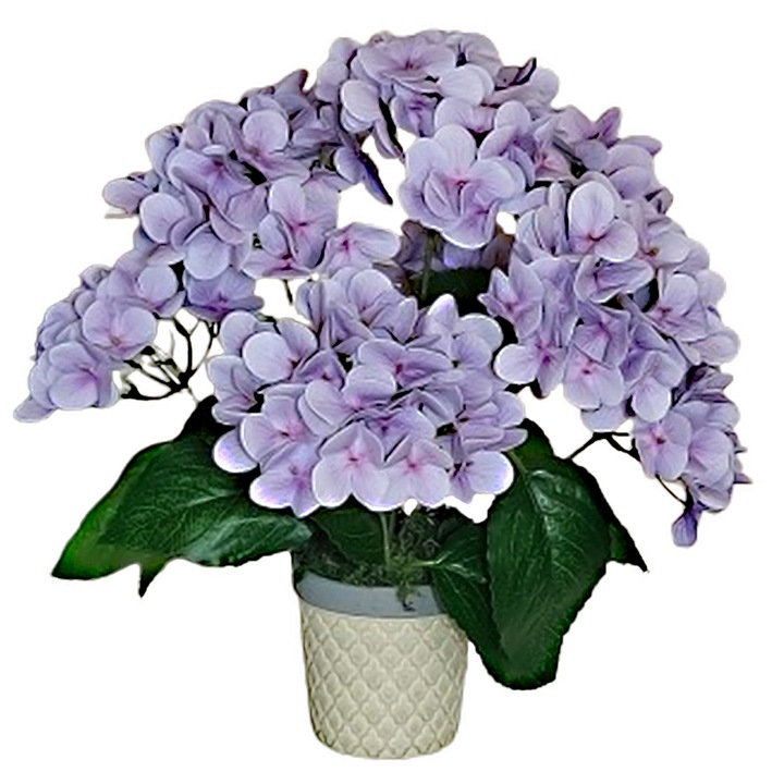 Hortensie artificiala Medaya® in ghiveci ceramic bej, 40 x 37 cm, aspect natural, elegant, 7 fire bogate silicon, lila