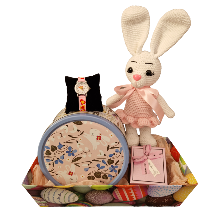 Pachet cadou pentru copii, cu ceas de mana Pinky, iepuras handmade, biscuiti cu unt si ciocolata, cutie decorativa