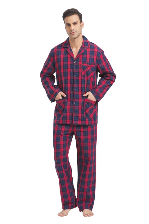 Pijama Barbat Clasica Panza, Bumbac, Maneca lunga, Pantalon lung, Kolipajam, Rosu bordo multicolor