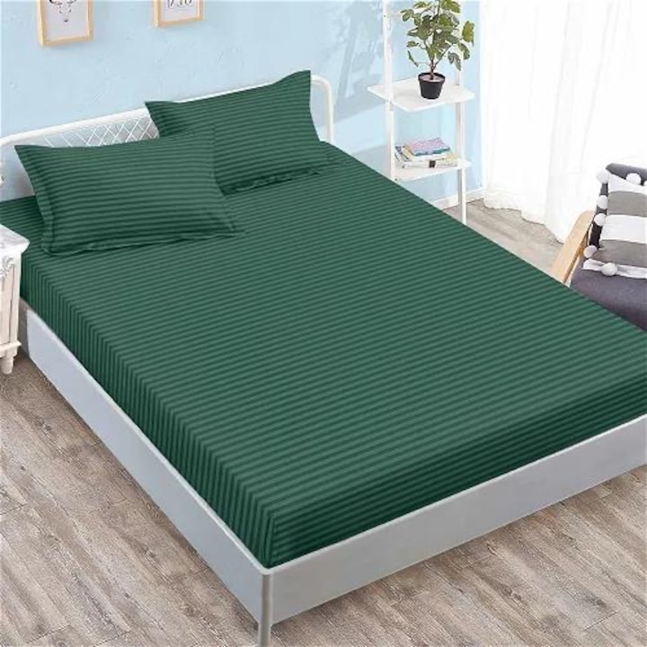 Cearsaf de pat Bumbac Satinat cu elastic 180x200 cm, 3 piese, pat matrimonial, culoare Verde