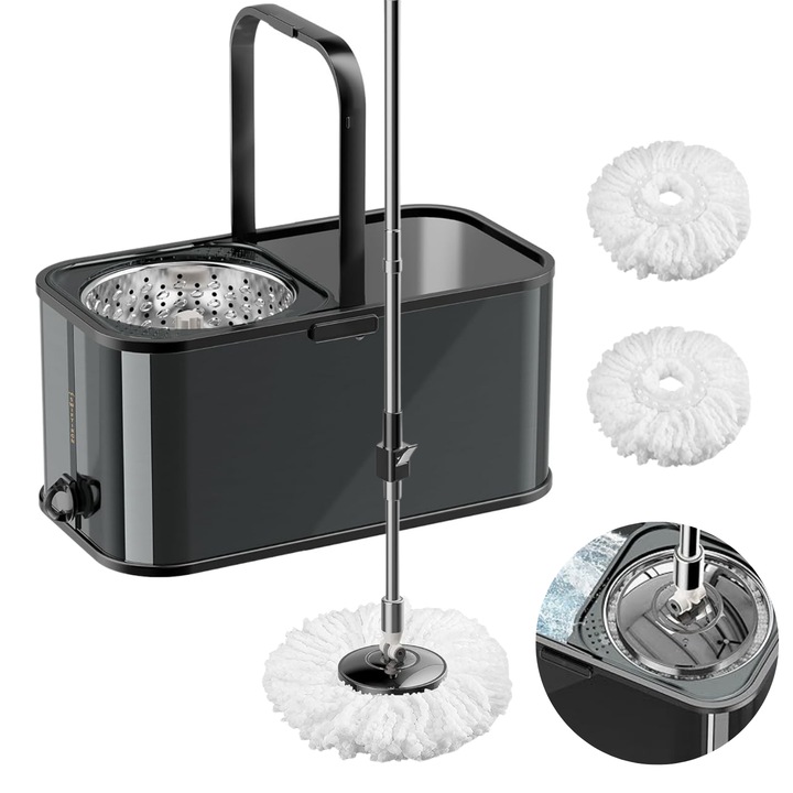 Set galeata mop DreamRamp cu centrifuga din inox, patrata, finisaj lucios si orificiu de scurgerea a apei, cu doua rezerve, culoare neagra