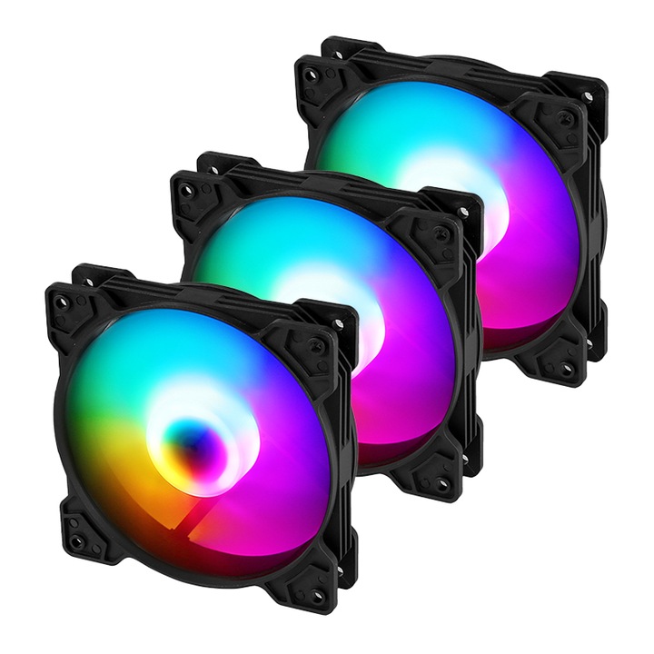 Комплект от 3 RGB 120MM вентилатора за охлаждане на кутията, JESWO®, 4P захранване, RGB цветно осветление, лесен монтаж