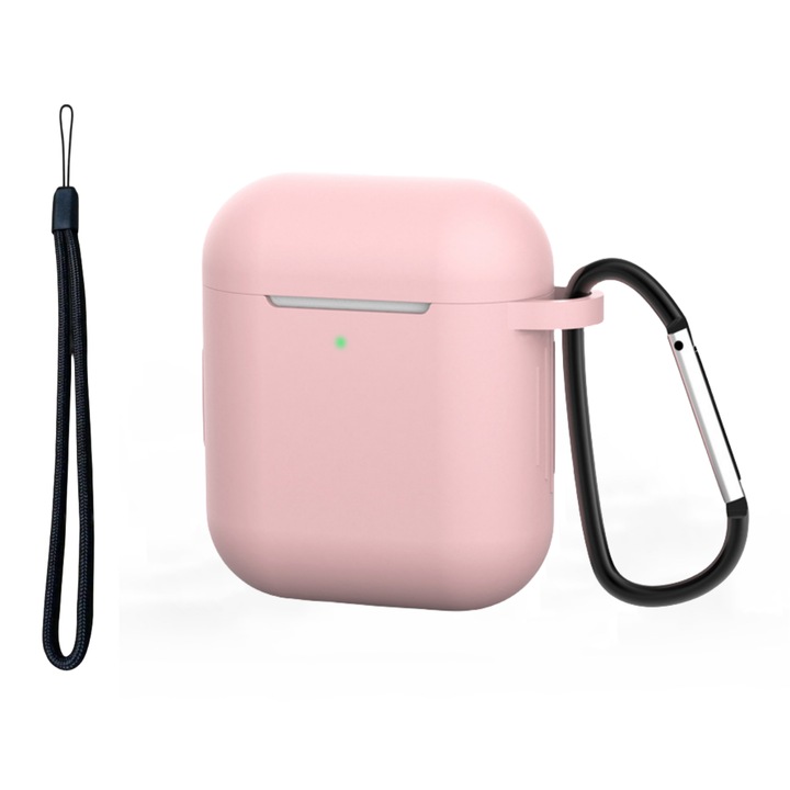 Husa Silicon Protectie pentru AirPods Generatia 1/2 enkourakoko®, din Silicon Moale, cu Breloc Carabina si Lanyard, Incarcare Wireless, Roz