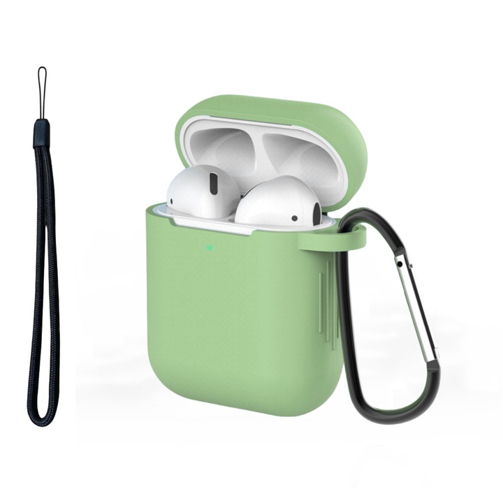 Husa Silicon Protectie pentru AirPods Generatia 1/2 enkourakoko®, din Silicon Moale, cu Breloc Carabina si Lanyard, Incarcare Wireless, Verde