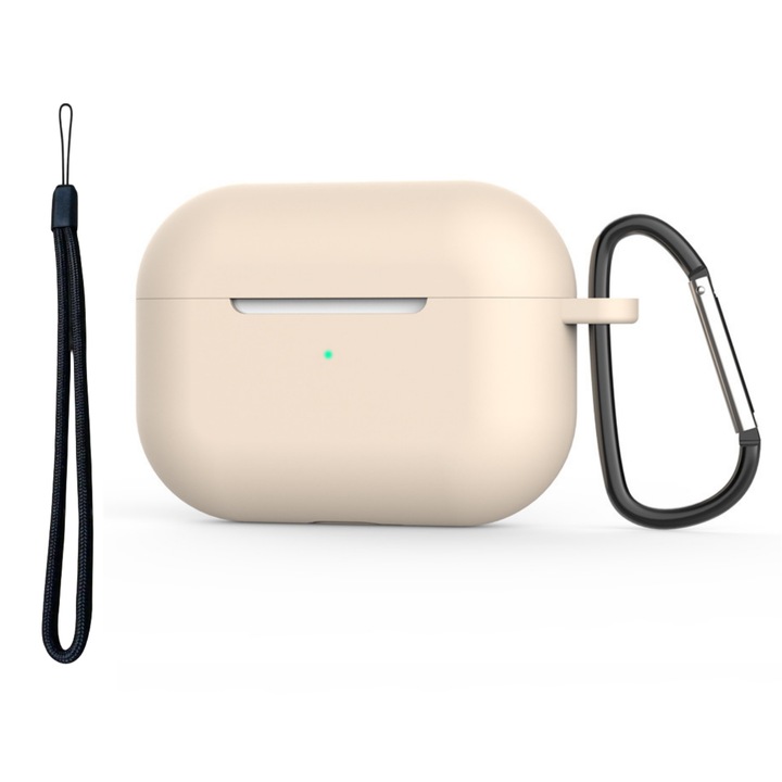 Husa Silicon Protectie pentru AirPods Pro 1 enkourakoko®, din Silicon Moale, cu Breloc Carabina si Lanyard, Incarcare Wireless, Bej