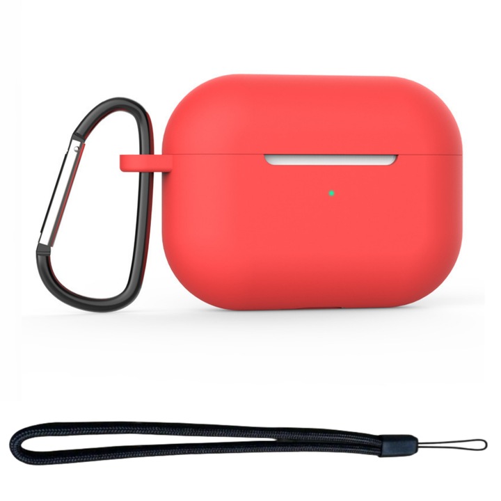 Szilikon védőtok AirPods Pro 2 enkourakoko®-hoz, puha szilikonból, karabineres kulcstartóval és zsinórral, vezeték nélküli töltés, piros