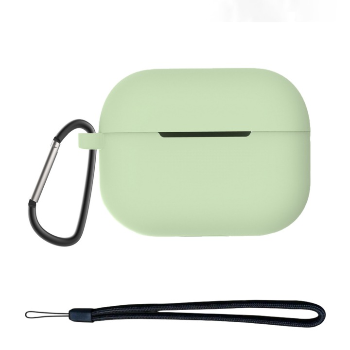 Szilikon védőtok AirPods Pro 2 enkourakoko®-hoz, puha szilikonból, karabineres kulcstartóval és zsinórral, vezeték nélküli töltés, zöld