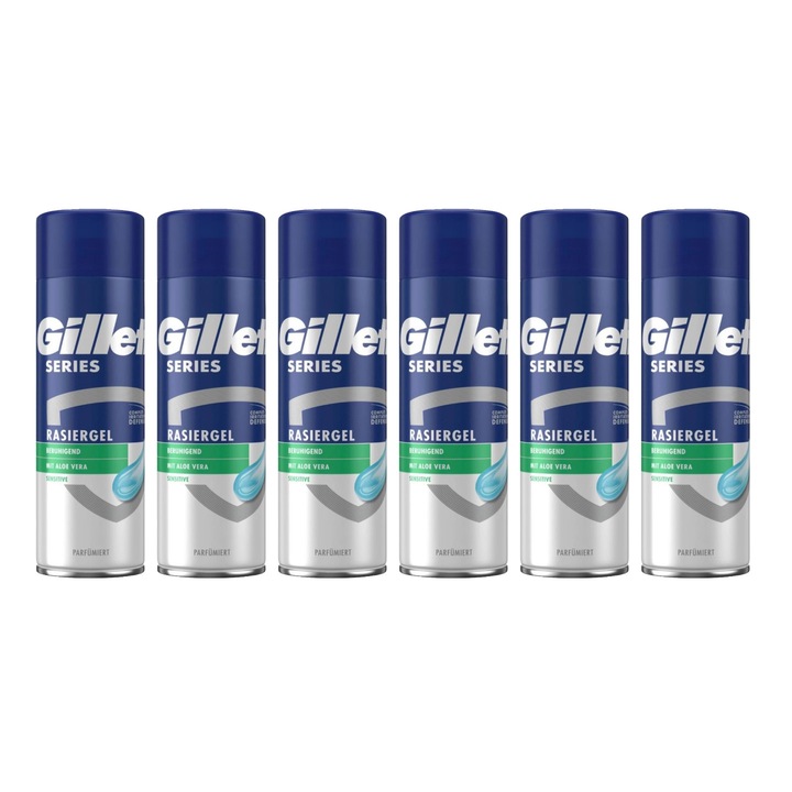 6 db Gillette borotvahab 200 ml-es Sensitive Aloe Vera készlet, bőrgyógyászatilag tesztelt, hidratáló formula, alkoholmentes, hipoallergén