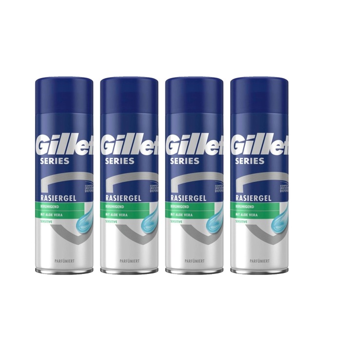 4 db Gillette borotvahab 200 ml-es sorozatú Sensitive Aloe Vera készlet, bőrgyógyászatilag tesztelt, hidratáló formula, alkoholmentes, hipoallergén