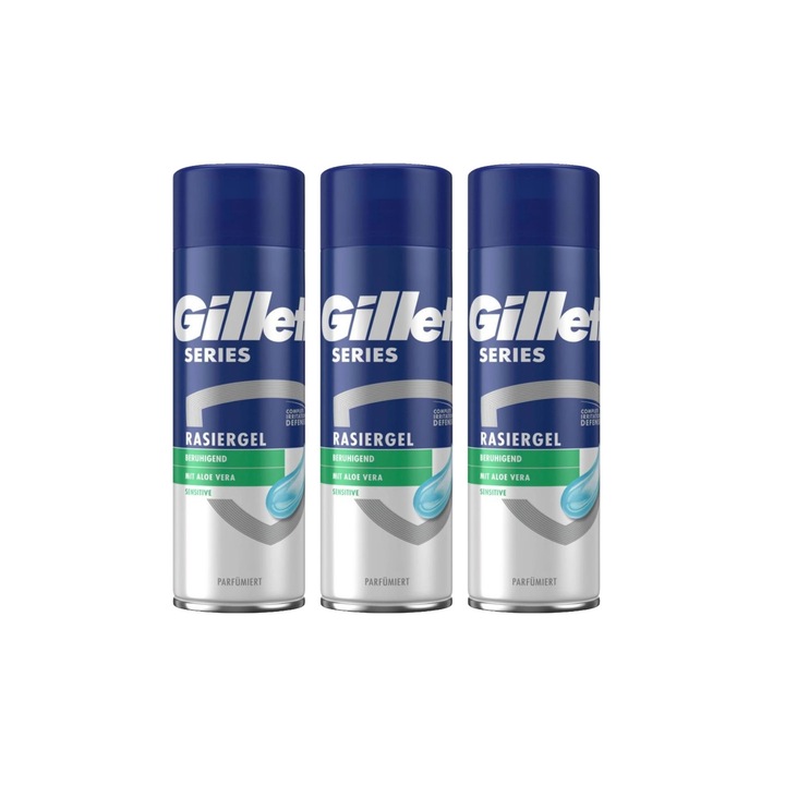 3 db Gillette borotvahab 200 ml-es sorozatú Sensitive Aloe Vera készlet, bőrgyógyászatilag tesztelt, hidratáló formula, alkoholmentes, hipoallergén