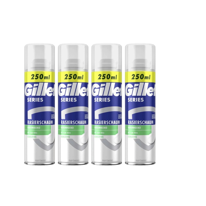 4 db Gillette borotvahab 250 ml-es sorozatú Sensitive Aloe Vera készlet, bőrgyógyászatilag tesztelt, hidratáló formula, alkoholmentes, hipoallergén