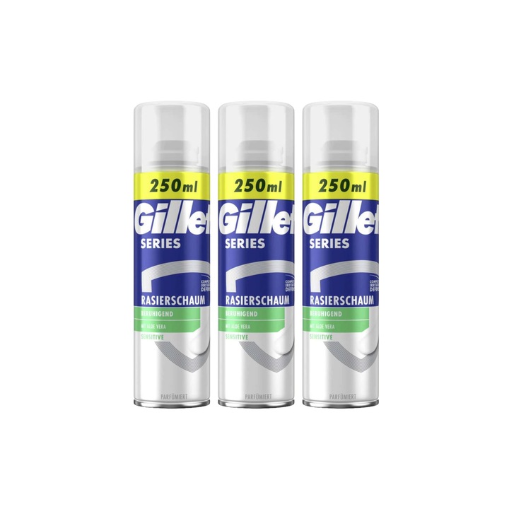 3 db Gillette borotvahab 250 ml-es sorozatú Sensitive Aloe Vera készlet, bőrgyógyászatilag tesztelt, hidratáló formula, alkoholmentes, hipoallergén