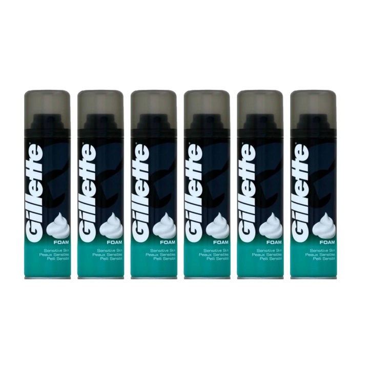 6 db Gillette borotvahab 200 ml-es készlet normál érzékeny bőrre, bőrgyógyászatilag tesztelt, hidratáló formula, alkoholmentes, hipoallergén