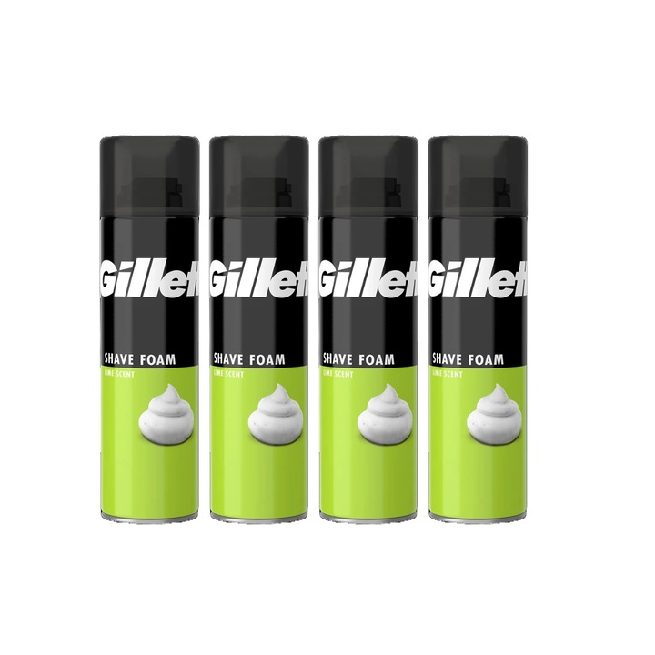 4x Gillette borotvahab 200 ml lime illatú készlet, bőrgyógyászatilag tesztelt, hidratáló formula, alkoholmentes, hipoallergén