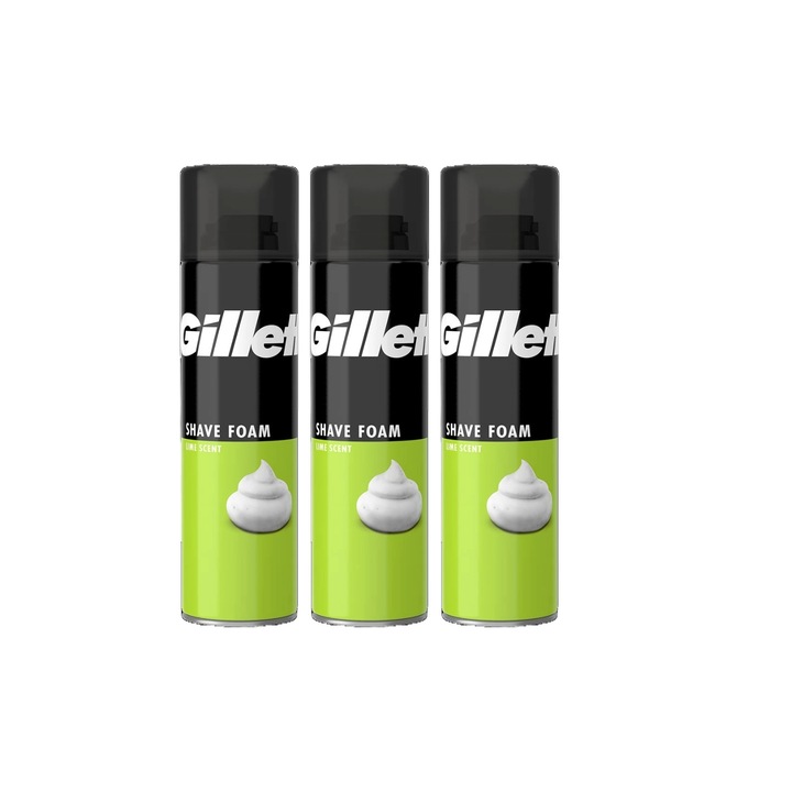 3x Gillette borotvahab 200 ml lime illatú készlet, bőrgyógyászatilag tesztelt, hidratáló formula, alkoholmentes, hipoallergén