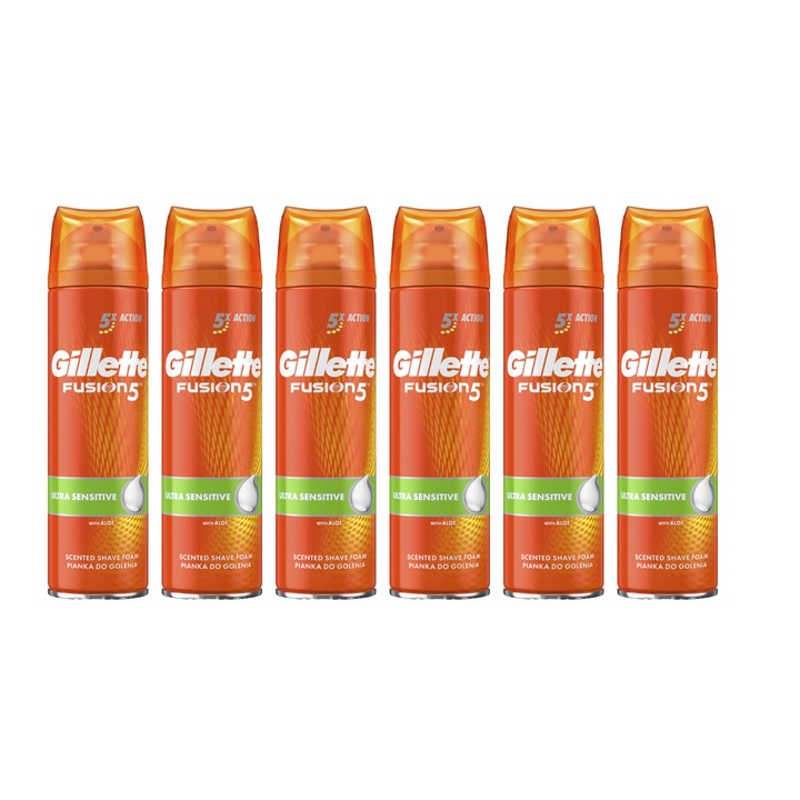 6 db Gillette borotvahab 200 ml Fusion 5X Ultra Sensitive készlet, aloe, bőrgyógyászatilag tesztelt, hidratáló formula, alkoholmentes, hipoallergén