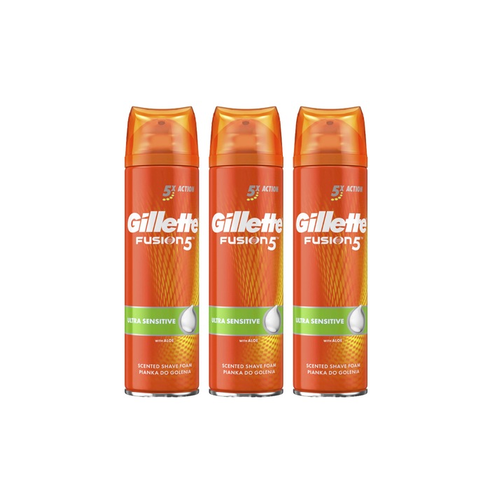 3x Gillette borotvahab 200 ml Fusion 5X Ultra Sensitive készlet, Aloe, Bőrgyógyászatilag tesztelt, Hidratáló formula, Alkoholmentes, Hipoallergén