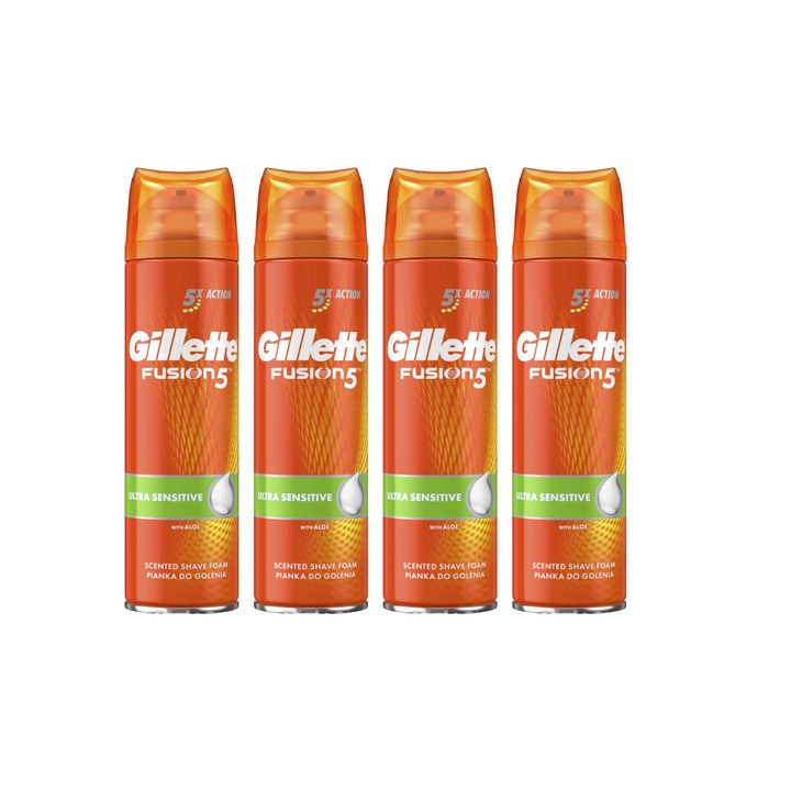 4x Gillette borotvahab 200 ml Fusion 5X Ultra Sensitive készlet, Aloe, Bőrgyógyászatilag tesztelt, Hidratáló formula, Alkoholmentes, Hipoallergén
