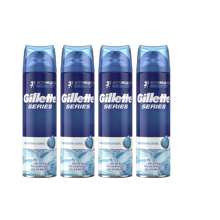 4 db Gillette borotvagél 200 ml-es Sensitive Cool, hidratáló formula, alkoholmentes, hipoallergén készlet