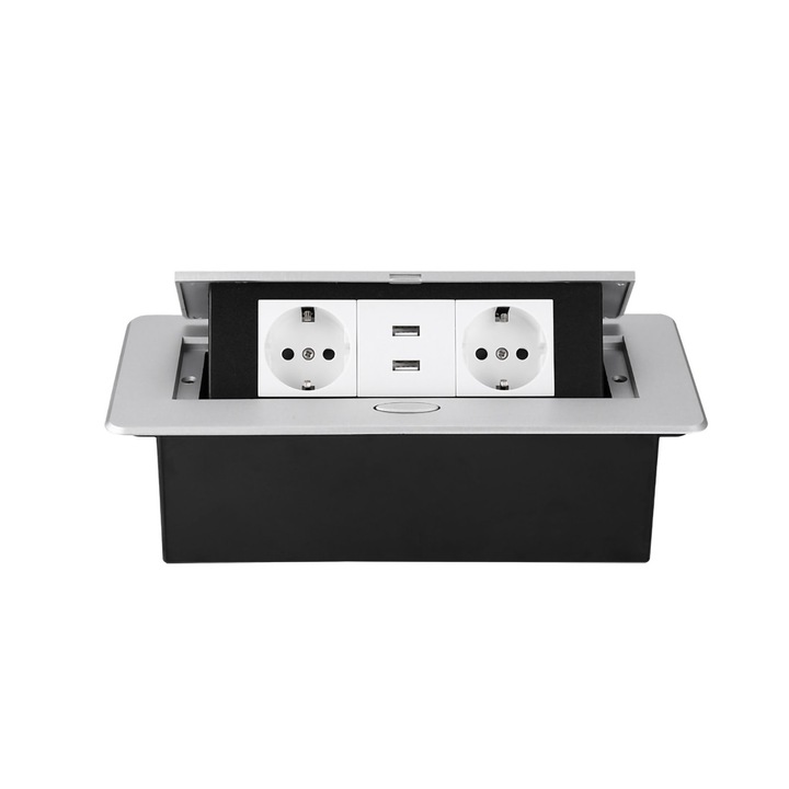 Букса за кухня, маса или бюро, 2 Schuko контакта и 2 USB контакта с вградено зарядно, за вграждане, сребристо покритие