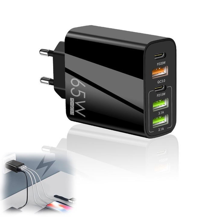Incarcator Retea, 5 Porturi, 65W Fast Charge, 3 x USB, 2 x Type-C, Universal Compatibil iPhone, Huawei, Samsung, Xiaomi, Negru